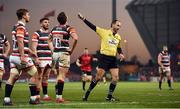 10 December 2016; George Worth of Leicester Tigers is asked to leave the pitch after being shown a yellow card by referee Romain Poite for preventing Jaco Taute of Munster from scoring a try during the European Rugby Champions Cup Pool 1 Round 3 match between Munster and Leicester Tigers at Thomond Park in Limerick. Photo by Brendan Moran/Sportsfile