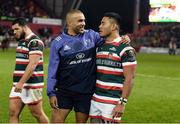 10 December 2016; Simon Zebo of Munster with Manu Tuilagi of Leicester Tigers after the European Rugby Champions Cup Pool 1 Round 3 match between Munster and Leicester Tigers at Thomond Park in Limerick. Photo by Diarmuid Greene/Sportsfile