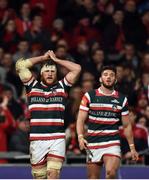 10 December 2016; Brendon O'Connor of Leicester Tigers reacts after his side conceded a penalty try during the European Rugby Champions Cup Pool 1 Round 3 match between Munster and Leicester Tigers at Thomond Park in Limerick. Photo by Diarmuid Greene/Sportsfile