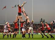 10 December 2016; Peter O'Mahony of Munster wins possession in a lineout ahead of Ed Slater of Leicester Tigers during the European Rugby Champions Cup Pool 1 Round 3 match between Munster and Leicester Tigers at Thomond Park in Limerick. Photo by Diarmuid Greene/Sportsfile