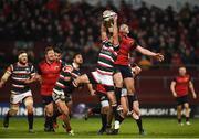 10 December 2016; Niall Scannell of Munster wins possession ahead of Tom Brady of Leicester Tigers during the European Rugby Champions Cup Pool 1 Round 3 match between Munster and Leicester Tigers at Thomond Park in Limerick. Photo by Diarmuid Greene/Sportsfile