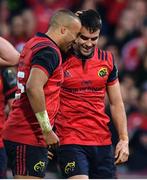 10 December 2016; Simon Zebo, left, and Conor Murray of Munster celebrate after Jaco Taute scored their side's second try during the European Rugby Champions Cup Pool 1 Round 3 match between Munster and Leicester Tigers at Thomond Park in Limerick. Photo by Brendan Moran/Sportsfile