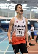10 December 2016; Rory Howorth of England, from St Augustine's College, Trowbridge, celebrates winning his heat in the Under 16 Boys' 800 meters event at the Combined Events Schools International games at Athlone IT in Co. Westmeath. Photo by Cody Glenn/Sportsfile