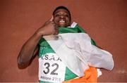 10 December 2016; Anthony Odubote of Ireland, from CBS Rice College, Ennis, after winning the Over 16 Boys 800m event at the Combined Events Schools International games at Athlone IT in Co. Westmeath. Photo by Cody Glenn/Sportsfile