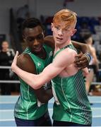10 December 2016; Nelvin Applah, left, of Ireland, from Moyne Community School, congratulates team-mate Diarmuid O'Connor, from Colaiste Choilm Ballincollig after O'Connor won the Under16 Boys 800m event at the Combined Events Schools International games at Athlone IT in Co. Westmeath. Photo by Cody Glenn/Sportsfile