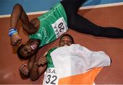 10 December 2016; Anthony Odubote (32) of Ireland, from CBS Rice College, Ennis, with team-mate Nelvin Applah, from Moyne Community School, after winning the Over 16 Boys 800m event at the Combined Events Schools International games at Athlone IT in Co. Westmeath. Photo by Cody Glenn/Sportsfile