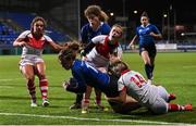 10 December 2016; Katie Fitzhenry of Leinster scores a try despite the tackle of Emma Jordan during the Women's Interprovincial Rugby Championship Round 2 match between Leinster and Ulster at Donnybrook Stadium in Dublin. Photo by Matt Browne/Sportsfile