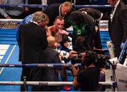 10 December 2016; Luke Blackledge is attended to by medical staff after he was knocked out during his British Super-Middleweight Championship fight with Callum Smith at the Manchester Arena in Manchester, England. Photo by Stephen McCarthy/Sportsfile