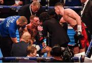 10 December 2016; Luke Blackledge is attended to by medical staff after he was knocked out during his British Super-Middleweight Championship fight with Callum Smith at the Manchester Arena in Manchester, England. Photo by Stephen McCarthy/Sportsfile