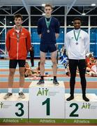 10 December 2016; The top three individual Over 16 Boys finishers, from left, third place Toby Steal of England, from The Judd School, Tonbridge, first place Joel McFarlane of Scotland, from Carnoustie High School, and second place Anthony Odubote of Ireland, from CBS Rice College, Ennis, at the Combined Events Schools International games at Athlone IT in Co. Westmeath. Photo by Cody Glenn/Sportsfile
