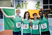 10 December 2016; The silver medal-winning Ireland Under16 Boys team, from left, Diarmuid O'Connor, from Colaiste Choilm Ballincollig, Troy McConville, from Craigavon S High School, Ethan Williamson, from Portadown College and Nelvin Applah, from Moyne Community School, at the Combined Events Schools International games at Athlone IT in Co. Westmeath. Photo by Cody Glenn/Sportsfile