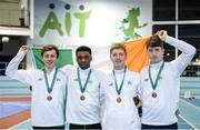 10 December 2016; The bronze medal-winning Ireland Over 16 Boys team, from left, Shane Monagle, from Ard Scoil na Mara, Tramore, Anthony Odubote, from CBS Rice College, Ennis, Joseph Miniter and Daragh Miniter, both from Ennistymon CBS, at the Combined Events Schools International games at Athlone IT in Co. Westmeath. Photo by Cody Glenn/Sportsfile