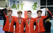 10 December 2016; The gold medal-winning Over 16 Boys team from England made up of, from left, Toby Seal, from The Judd School, Tonbridge, Nathan Langley, from Retford Post 16 Cen, Workshop, Joshua Hewett, from Castle Rushen School, Isle of Man, and Cameron Hale, from Bournemouth School, at the Combined Events Schools International games at Athlone IT in Co. Westmeath. Photo by Cody Glenn/Sportsfile