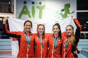 10 December 2016; The gold medal-winning Under 16 Girls team from England made up of, from left, Jessica Hopkins, from Maltings Academy, Witham, Emily Bee, from Plymouth High School, Kiera Bainsfair, from Chelmsford County High School, and Irish Oliarnyk, from St Paul's School Oldbury, at the Combined Events Schools International games at Athlone IT in Co. Westmeath. Photo by Cody Glenn/Sportsfile