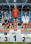 10 December 2016; The top three individual Over 16 Girls finishers, from left, third place Holly McArthur of Scotland, from Kilsyth Academy, first place Jade O'Dowda of England, from Gosford Hill School, Kidlington, and second place Anna McCauley of Ireland, from Methodist College, Belfast, at the Combined Events Schools International games at Athlone IT in Co. Westmeath. Photo by Cody Glenn/Sportsfile