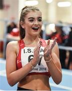 10 December 2016; Taiya Jones of Wales, from Stanwell, cheers on team-mates after winning her heat in the Over 16 Girls 800m event during the Combined Events Schools International games at Athlone IT in Co. Westmeath. Photo by Cody Glenn/Sportsfile