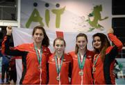 10 December 2016; The gold medal-winning Over 16 Girls team from England made up of, from left, Olivia Dobson, from South Dartmoor School, Lucy Hadaway, from York College, Jade O'Dowda, from Gosford Hill School, Kidlington, and Amaya Scott, from The Mountbatten School, Romsey, at the Combined Events Schools International games at Athlone IT in Co. Westmeath. Photo by Cody Glenn/Sportsfile