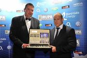 4 May 2011; Richardt Strauss, right, of Leinster, is presented with the IRUPA Nokia Unsung Hero Award by Alan O'Hara, General Manager, Nokia Ireland, at the Bord Gáis Energy IRUPA Players Awards. Burlington Hotel, Dublin. Picture credit: Brendan Moran / SPORTSFILE