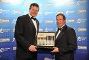 4 May 2011; Former Leinster and Ireland second row forward Malcolm O'Kelly, left, who was inducted with the Bord Gais Energy Hall of Fame, is presented with his award by Jason Scagell, Managing Director, Bord Gáis Energy, at the Bord Gáis Energy IRUPA Players Awards. Burlington Hotel, Dublin. Picture credit: Brendan Moran / SPORTSFILE