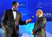 4 May 2011; Leinster's Richardt Strauss, who won the IRUPA Nokia Unsung Hero Award, is interviewed by Martin Bayfield at the Bord Gáis Energy IRUPA Players Awards. Burlington Hotel, Dublin. Picture credit: Brendan Moran / SPORTSFILE