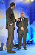 4 May 2011; Leinster's Richardt Strauss, who won the IRUPA Nokia Unsung Hero Award, is interviewed by Martin Bayfield at the Bord Gáis Energy IRUPA Players Awards. Burlington Hotel, Dublin. Picture credit: Brendan Moran / SPORTSFILE