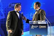 4 May 2011; Leinster's Malcolm O'Kelly, who was inducted into the Bord Gais Energy Hall of Fame, is interviewed by Martin Bayfield at the Bord Gáis Energy IRUPA Players Awards. Burlington Hotel, Dublin. Picture credit: Brendan Moran / SPORTSFILE