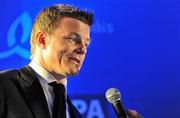 4 May 2011; Leinster's Brian O'Driscoll, who won the O2 Rugby Moment of the Year, is interviewed by Martin Bayfield at the Bord Gáis Energy IRUPA Players Awards. Burlington Hotel, Dublin. Picture credit: Brendan Moran / SPORTSFILE