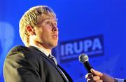 4 May 2011; Connacht's Fionn Carr, who won the IRUPA Volkswagen Try of the Year, is interviewed by Martin Bayfield at the Bord Gáis Energy IRUPA Players Awards. Burlington Hotel, Dublin. Picture credit: Brendan Moran / SPORTSFILE