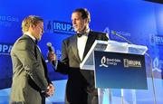 4 May 2011; Leinster's Seán O'Brien is interviewed by Martin Bayfield at the Bord Gáis Energy IRUPA Players Awards. Burlington Hotel, Dublin. Picture credit: Brendan Moran / SPORTSFILE
