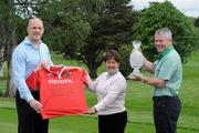 5 May 2011; Munster captain and Irish rugby legend Paul O'Connell shows his support to the European Solheim Cup team by presenting European Solheim Cup team captain Alison Nicholas with a signed Munster jersey alongside Solheim Cup Director Shane Daly with the Solheim Cup. The 2011 Solheim Cup will take place on the stunning Jack Nicklaus Signature Course in Killeen Castle, County Meath, from 23-25 September 2011. The professional ladies golf event between Europe and the USA is the most prestigious international team event in women’s professional golf and one of the biggest international sporting events to be staged in Ireland this year. Visit www.solheimcup.com for ticketing information. Castletroy Golf Club, Golf Links Road, Castletroy, Co. Limerick Picture credit: Matt Browne / SPORTSFILE