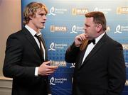 4 May 2011; At the Bord Gáis Energy IRUPA Players Awards are Ulster's Andrew Trimble, left, with John Mullins, CEO, Bord Gáis Energy. Burlington Hotel, Dublin. Picture credit: Brendan Moran / SPORTSFILE