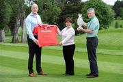 5 May 2011; Munster captain and Irish rugby legend Paul O'Connell shows his support to the European Solheim Cup team by presenting European Solheim Cup team captain Alison Nicholas with a signed Munster jersey alongside Solheim Cup Director Shane Daly with the Solheim Cup. The 2011 Solheim Cup will take place on the stunning Jack Nicklaus Signature Course in Killeen Castle, County Meath, from 23-25 September 2011. The professional ladies golf event between Europe and the USA is the most prestigious international team event in women’s professional golf and one of the biggest international sporting events to be staged in Ireland this year. Visit www.solheimcup.com for ticketing information. Castletroy Golf Club, Golf Links Road, Castletroy, Co. Limerick Picture credit: Matt Browne / SPORTSFILE