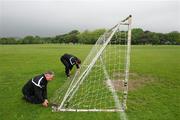 7 May 2011; Belvedere F.C. manager Eddie Foy, left, and Anto Duggan assist in prepairing the nets in advance of the game.  U9 A Saturday - 7 a-side,  Belvedere F.C. v Phoenix F.C., Fairview Park, Fairview, Dublin. Picture credit: Ray McManus / SPORTSFILE