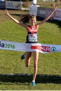 11 December 2016; Konstanze Klosterhalfen of Germany celebrates winning the Women's U20 race during the 2016 Spar European Cross Country Championships in Chia, Italy. Photo by Eóin Noonan/Sportsfile