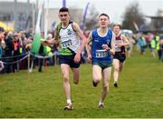 11 December 2016; Keelan Kilrehill, left, of Moy Valley A.C, Co. Mayo, and Damien Madigan, Munster, race for the line in the Boys U17 5000m race during the Irish Life Health Novice & Juvenile Uneven Age National Cross Country Championships at Dundalk I.T. in Co. Louth. Photo by Seb Daly/Sportsfile