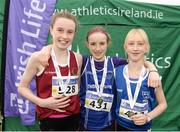 11 December 2016; Winner of the Girls U13 2500m race Fiona Dillon, centre, Thomastown A.C, Co. Galway, with runners up, second place Hannah Breen, left, Crookstown Millview A.C, Co, Kildare, and third place Emma Landers, right, Youghal A.C, Co. Cork, during the Irish Life Health Novice & Juvenile Uneven Age National Cross Country Championships at Dundalk I.T. in Co. Louth. Photo by Seb Daly/Sportsfile