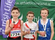 11 December 2016; Winner of the Boys U13 2500m race Oisin Kelly, centre, Cranford A.C, Co. Donegal, with runners up, second place Oisin Colhoun, left, City of Derry A.C Spartans, Co. Derry, and Cian Spillane, right, Farranfore Maine Valley A.C, Co. Kerry, during the Irish Life Health Novice & Juvenile Uneven Age National Cross Country Championships at Dundalk I.T. in Co. Louth. Photo by Seb Daly/Sportsfile