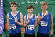 11 December 2016; Winner of the Boys U15 3500m race Cian McPhillips, centre, Longford A.C, Co. Longford, with runners up, second place Tommie Connolly, left, Leevale A.C, Co. Cork, and third place Sean Donoghue, right, Celtic DCH A.C, Co. Dublin, during the Irish Life Health Novice & Juvenile Uneven Age National Cross Country Championships at Dundalk I.T. in Co. Louth. Photo by Seb Daly/Sportsfile