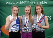 11 December 2016; Winner of the Girls U17 4000m race Abigail Taylor, centre, Dundrum South Dublin A.C, with runners up, second place Claire Rafter, left, Tullamore Harriers A.C, Co. Offaly, and third place, Roseanne McCullough, Dundrum South Dublin A.C, during the Irish Life Health Novice & Juvenile Uneven Age National Cross Country Championships at Dundalk I.T. in Co. Louth. Photo by Seb Daly/Sportsfile