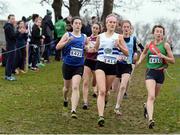 11 December 2016; Lauren Tinkler, centre, Celbridge A.C, Co. Kildare, leads the Girls U19 4000m race during the Irish Life Health Novice & Juvenile Uneven Age National Cross Country Championships at Dundalk I.T. in Co. Louth. Photo by Seb Daly/Sportsfile