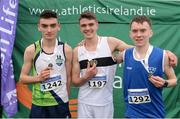 11 December 2016; Winner of the Boys U17 5000m race Louis O'Loughlin, centre, of Donore Harriers, Dublin, with runners up, second place Keelan Kilrehill, left, of Moy Valley A.C, Co. Mayo, and Damien Madigan, North Cork A.C, Co. Cork, during the Irish Life Health Novice & Juvenile Uneven Age National Cross Country Championships at Dundalk I.T. in Co. Louth. Photo by Seb Daly/Sportsfile