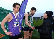 11 December 2016; John Paul Williamson, Derry Track Club, Co Derry, is presented with his medal by Liam Hennessy, Life Vice President of Athletics Ireland, after winning the Novice Men's 6000m race during the Irish Life Health Novice & Juvenile Uneven Age National Cross Country Championships at Dundalk I.T. in Co. Louth. Photo by Seb Daly/Sportsfile