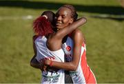 11 December 2016; Teammates Yasemin Can and Meryem Akda, right, of Turkey celebrate after coming first and second in the womens senior race at 2016 Spar European Cross Country Championships in Chia, Italy. Photo by Eóin Noonan/Sportsfile