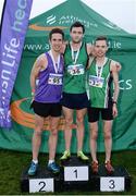 11 December 2016; Winner of the Novice Men's 6000m race John Paul Williamson, centre, Derry Track Club, Co Derry, with runners up, second place Scott Rankin, left, Foyle Valley A.C, Co. Derry, and third place Conan McCaughey, right, Derry Track Club, Co Derry, during the Irish Life Health Novice & Juvenile Uneven Age National Cross Country Championships at Dundalk I.T. in Co. Louth. Photo by Seb Daly/Sportsfile