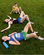 11 December 2016; From bottom, Patrick McNiff, Banbridge A.C, Co. Down, Sean O’Leary, Clonliffe Harriers A.C, Co. Dublin, and Craig MCMeechan, North Down A.C, Co. Down reacts after finishing the Boys U19 6000m race during the Irish Life Health Novice & Juvenile Uneven Age National Cross Country Championships at Dundalk I.T. in Co. Louth. Photo by Seb Daly/Sportsfile
