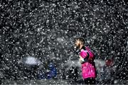 9 April 2016; Pike Rovers goalkeeper Gary Neville attempts to see through the snow before the game was abandoned. FAI Junior Cup Semi-Final in association with Aviva and Umbro, St. Peters FC v Pike Rovers, Leah Victoria Park, Tullamore, Co. Offaly. Picture credit: Brendan Moran / SPORTSFILE