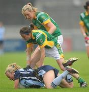 7 May 2011; Sorcha Furlong, Dublin, in action against Mary Sheridan, right, and Fiona Mahon, Meath. Bord Gais Energy National Football League Division Two Final, Dublin v Meath, Parnell Park, Donnycarney, Dublin. Picture credit: Stephen McCarthy / SPORTSFILE