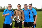 8 May 2011; Belvedere FC players, from left, Gerald Pender, Lee Brandon, Pierce Sweeney and Darragh Lenihan with the Paul McGrath Cup. Dublin and District Schoollboys League Finals, Paul McGrath Cup Final, Belvedere FC v St Joseph's Boys FC, A.U.L Complex, Clonshaugh, Dublin. Picture credit: Ray McManus / SPORTSFILE