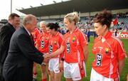 7 May 2011; Pat Quill, President, Cumann Peil Gael na mBan, is introduced to Cork's Brid Stack. Bord Gais Energy National Football League Division One Final, Cork v Laois, Parnell Park, Donnycarney, Dublin. Picture credit: Ray McManus / SPORTSFILE