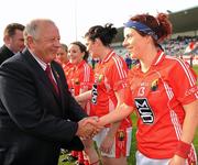 7 May 2011; Pat Quill, President, Cumann Peil Gael na mBan, is introduced to Cork's Valerie Mulcahy. Bord Gais Energy National Football League Division One Final, Cork v Laois, Parnell Park, Donnycarney, Dublin. Picture credit: Ray McManus / SPORTSFILE